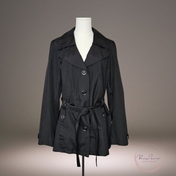 Faded Glory Black Trench Coat L – Belted Button Front Classic Jacket - Picture 1 of 7